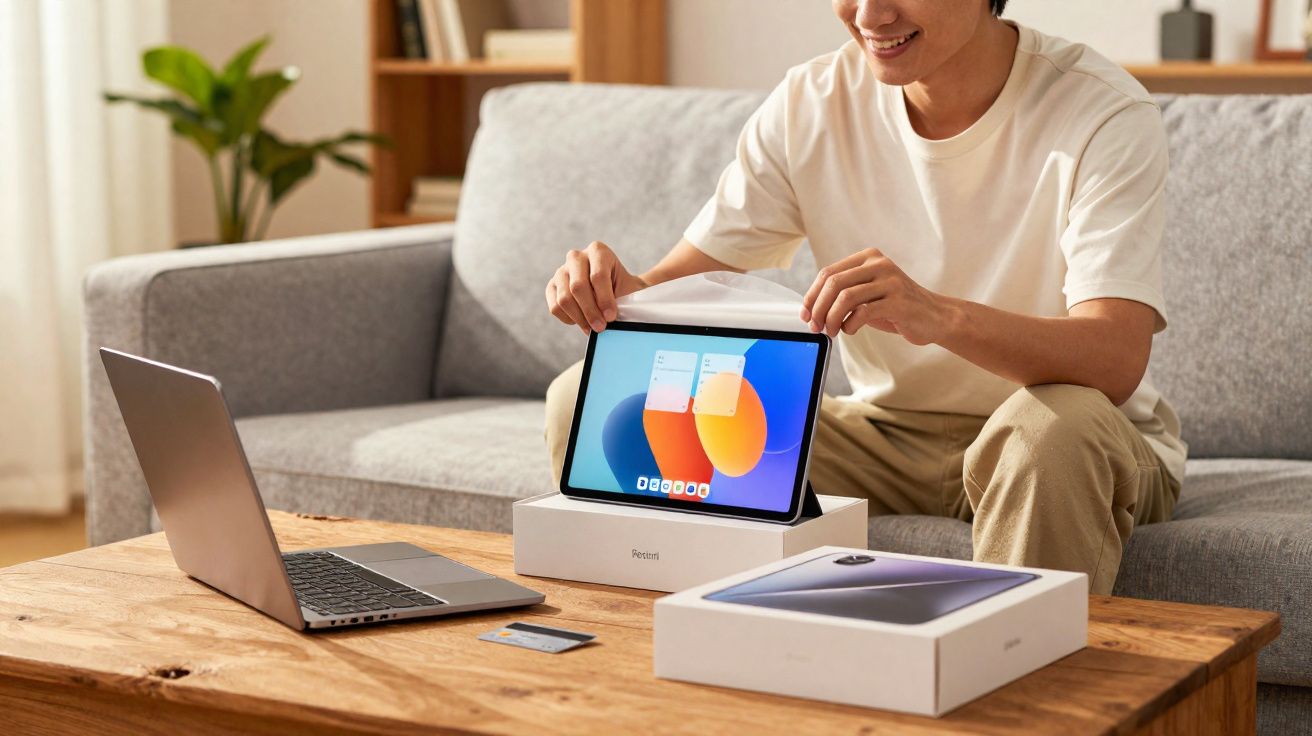 Jovem desempacotando um tablet novo sentado no sofá, com laptop e caixas na mesa de madeira.