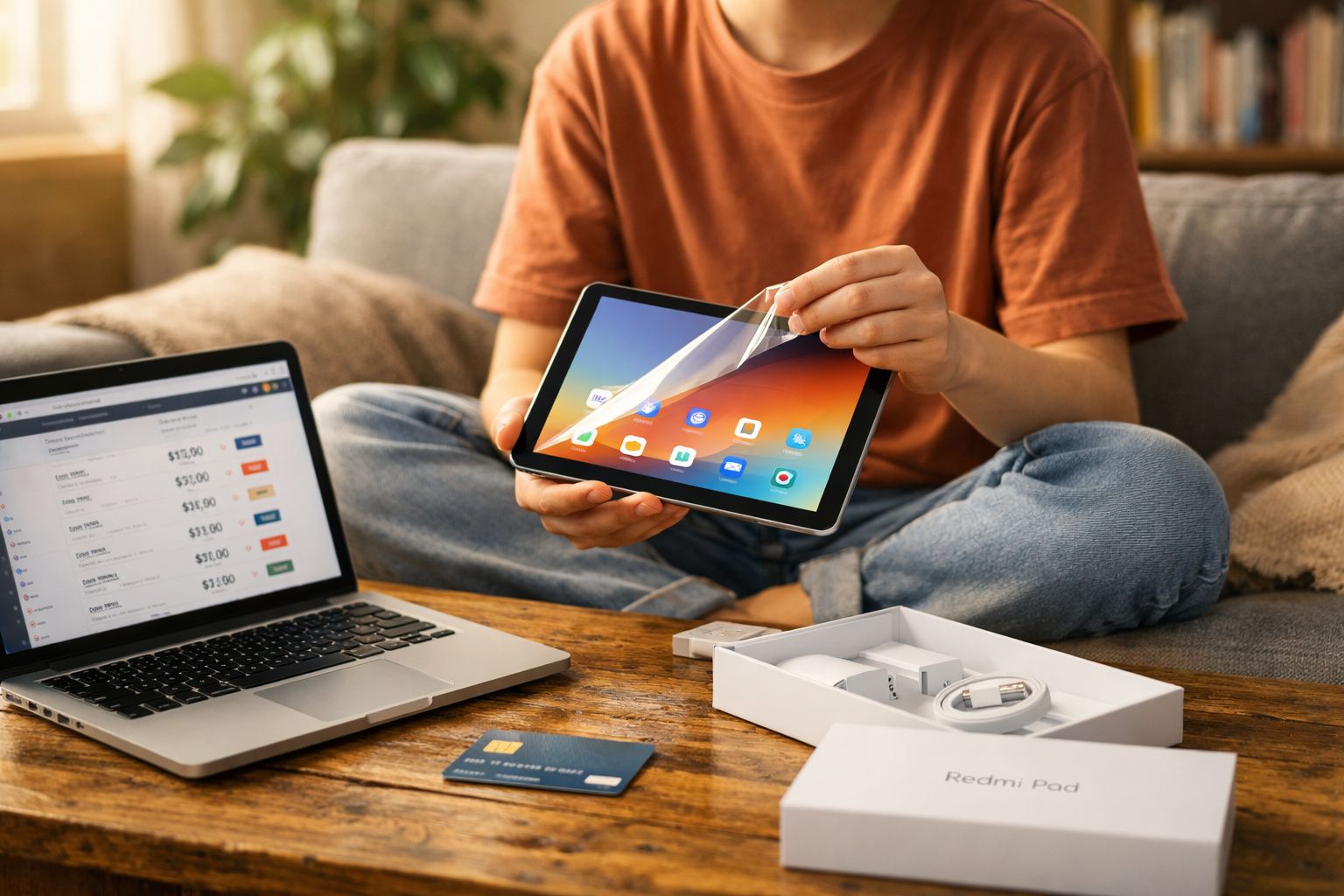 Pessoa tirando película protetora de tablet Redmi Pad, ao lado de notebook, cartão e caixa na mesa de madeira.