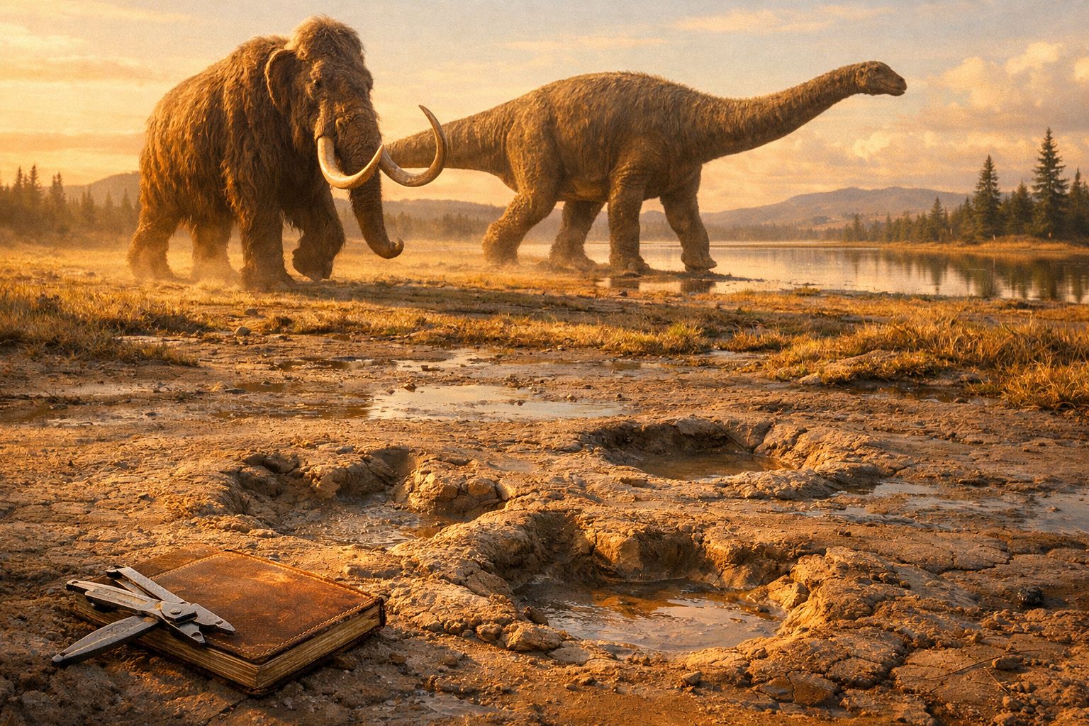 Mamute e dinossauro próximos a lago com pegadas fossilizadas e caderno antigo no chão ao pôr do sol.