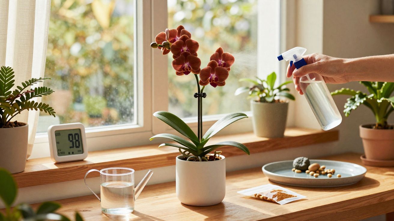 Mão borrifando água em orquídea roxa em vaso branco sobre janela com plantas e regador.