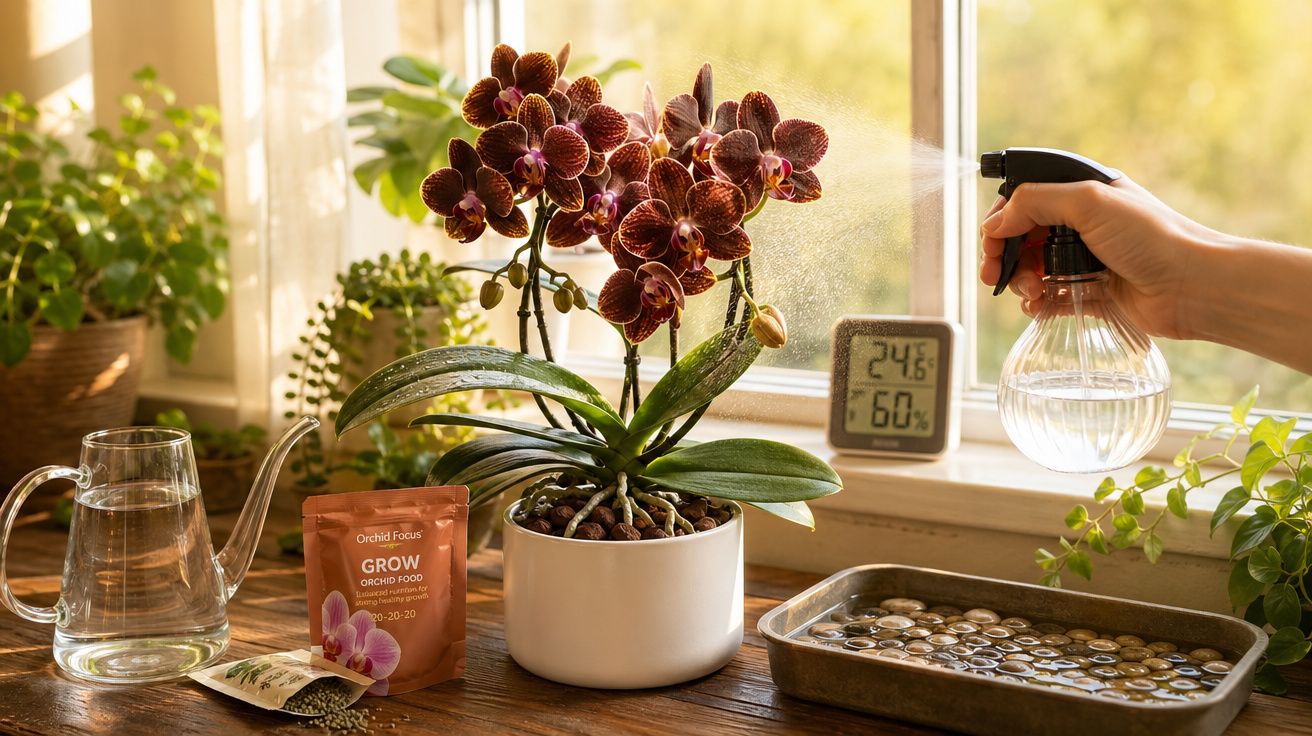 Mão borrifando água em orquídea roxa em vaso branco perto de janela com regador e termômetro.