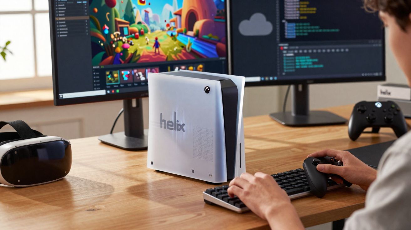 Pessoa usando teclado e controle ao lado de PC Xbox Helix com dois monitores em mesa de madeira.