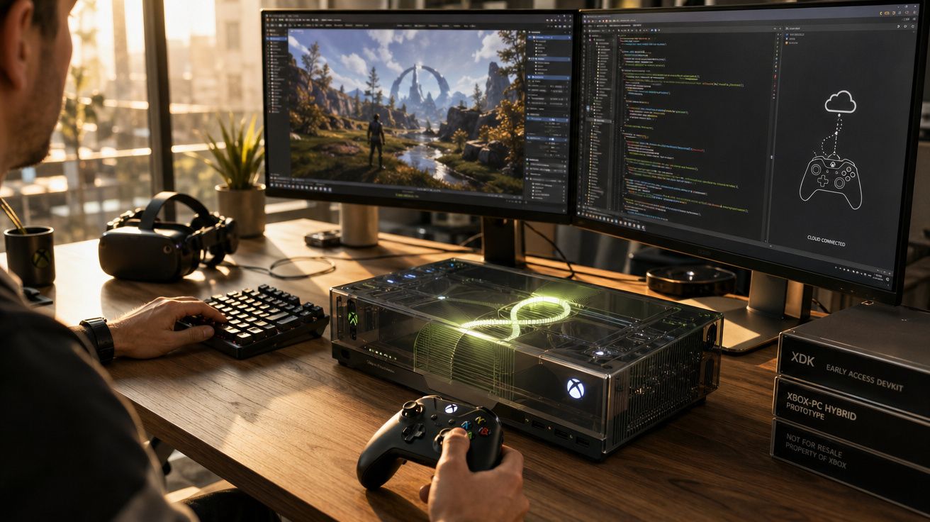 Pessoa jogando videogame em PC híbrido Xbox com dois monitores em mesa de madeira perto de janela.