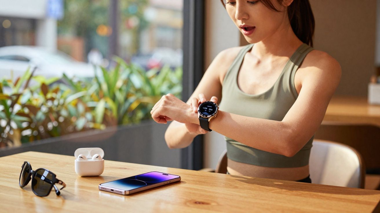 Mulher em roupa esportiva ajustando relógio inteligente sentada à mesa com fones, celular e óculos.