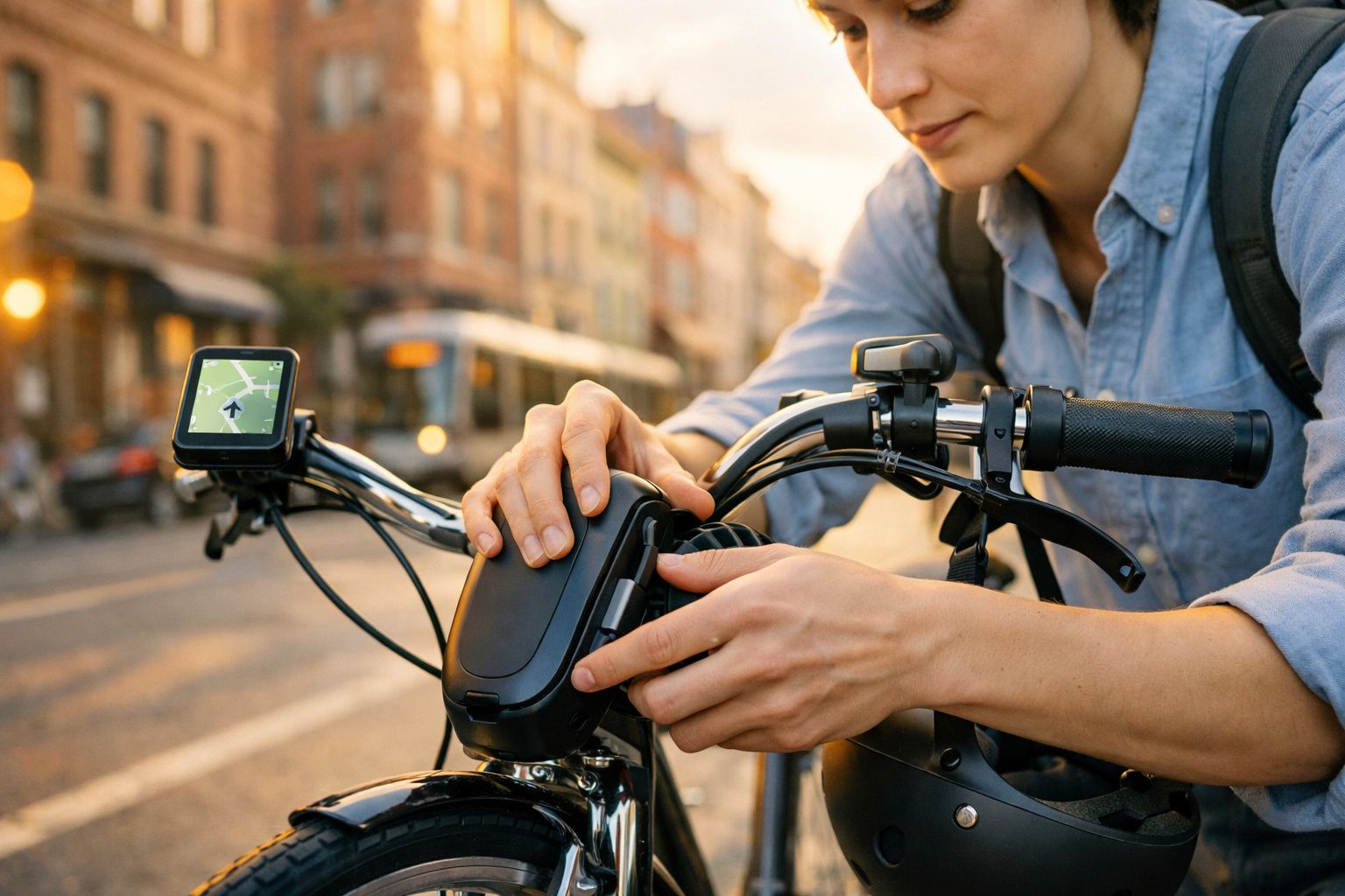 Pessoa ajustando bolsa no guidão de bicicleta elétrica com GPS na cidade ao entardecer.