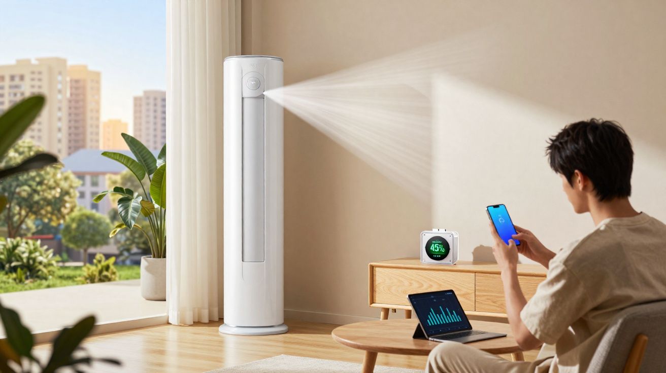 Pessoa controla ar-condicionado torre branco via celular em sala clara com laptop e medidor digital na mesa.