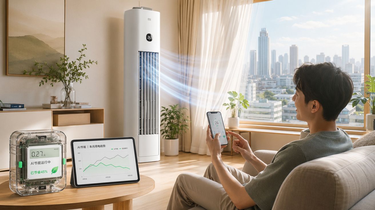 Homem controlando ar-condicionado inteligente pelo celular em sala moderna com vista urbana.