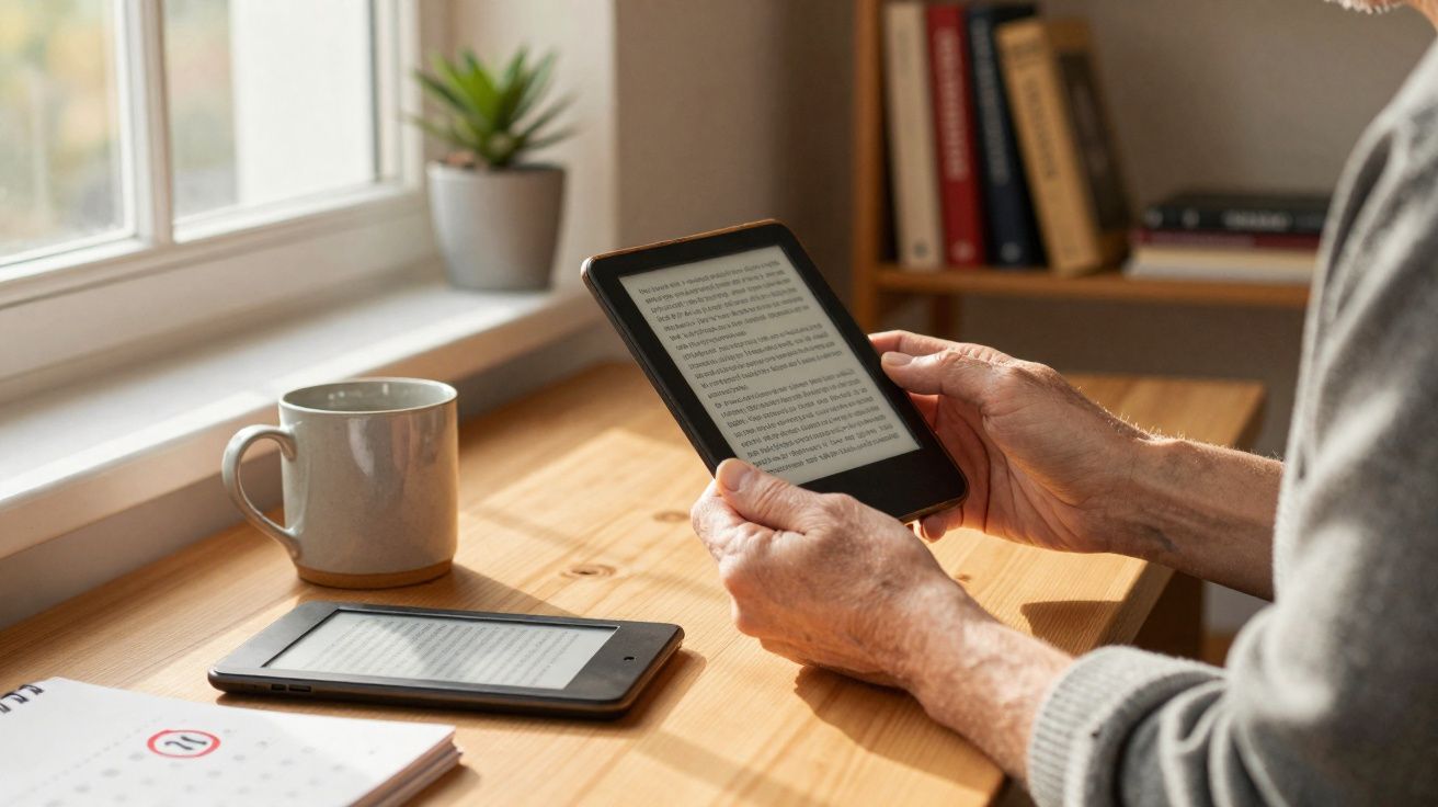 Pessoa lendo livro digital em e-reader em mesa de madeira com caneca, planta e agenda ao lado.