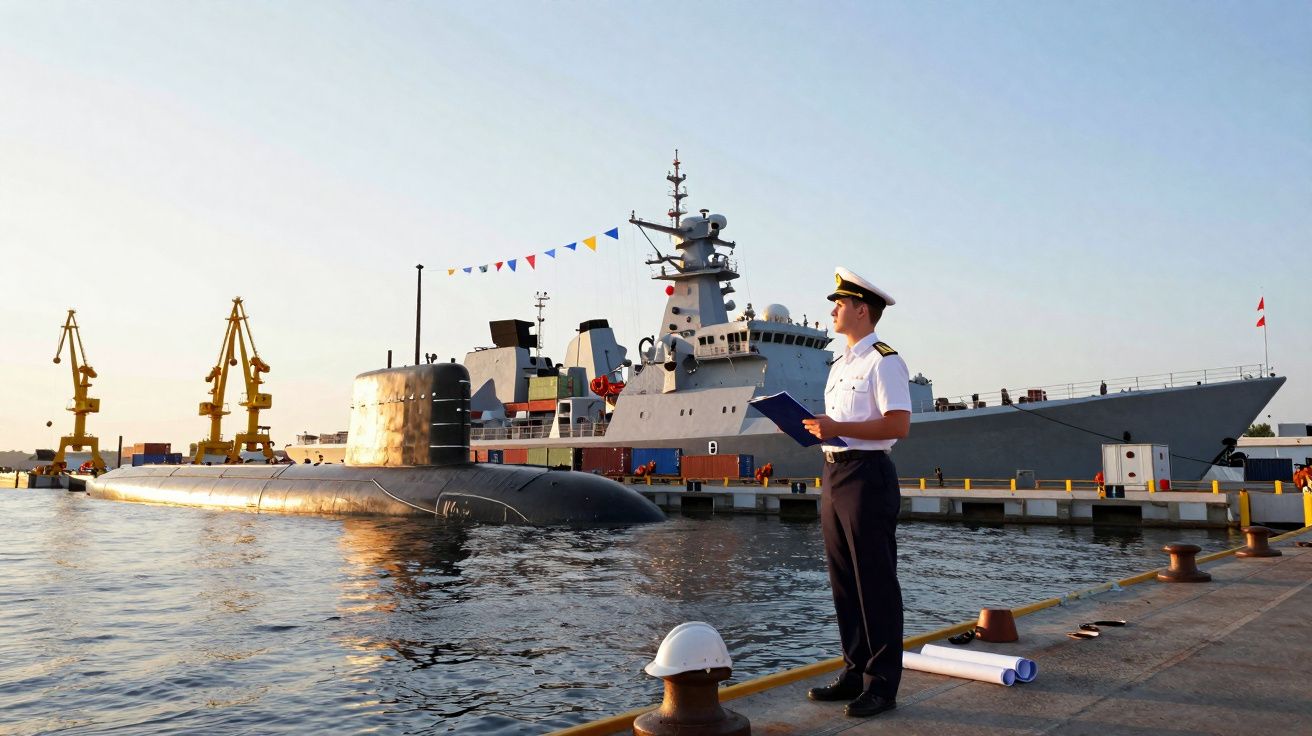 Marinheiro em uniforme observa submarino e navio de guerra atracados em porto com guindastes ao fundo.