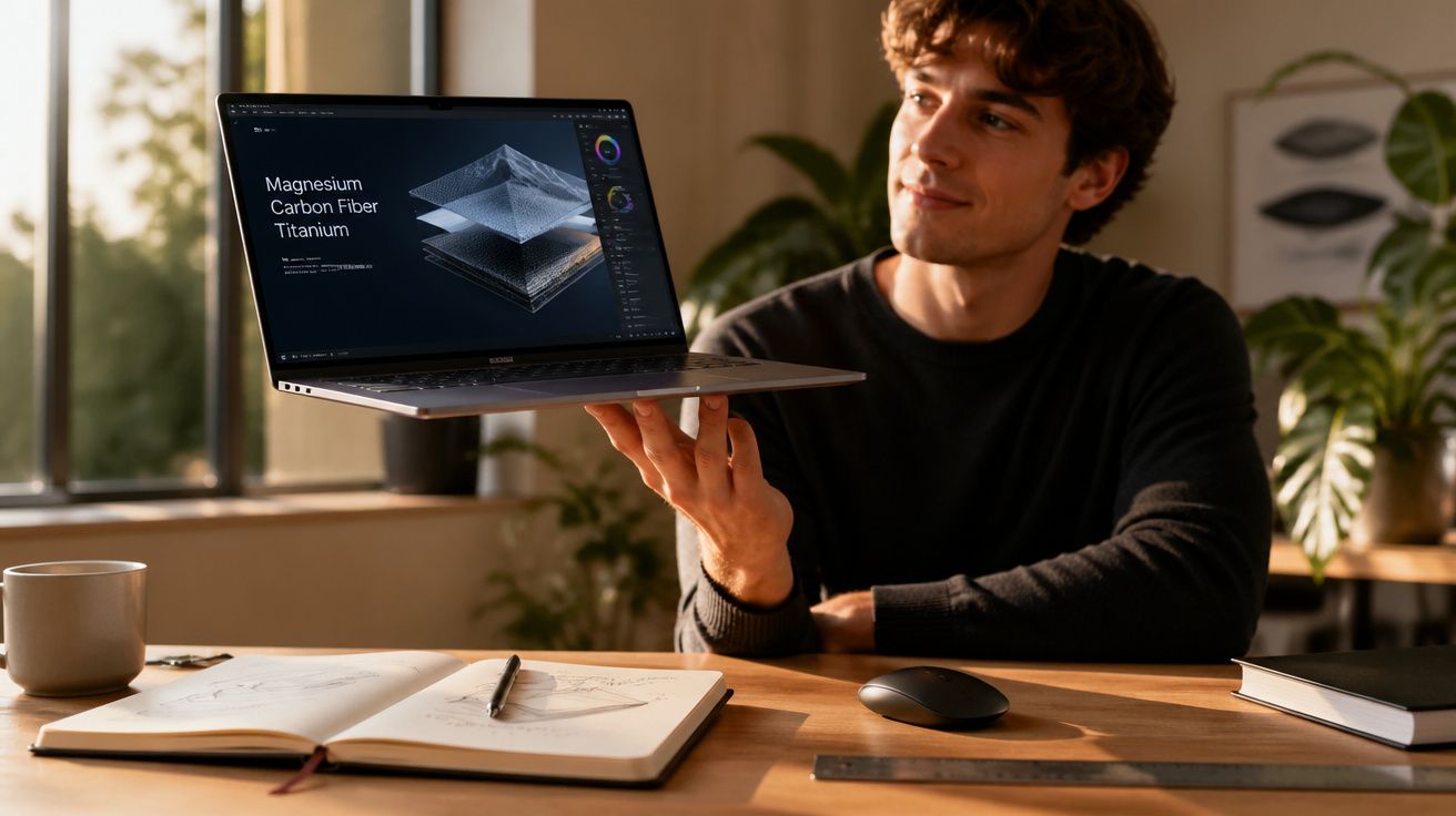 Homem segurando laptop com gráfico 3D e texto sobre materiais na tela em ambiente de escritório iluminado.