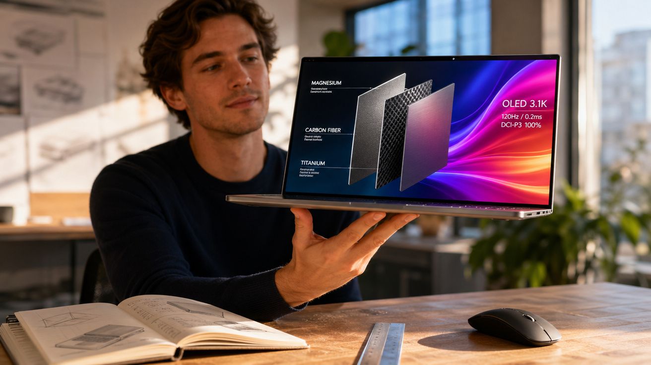 Homem segurando laptop aberto com tela destacando camadas de materiais e especificações técnicas OLED 3.1K.
