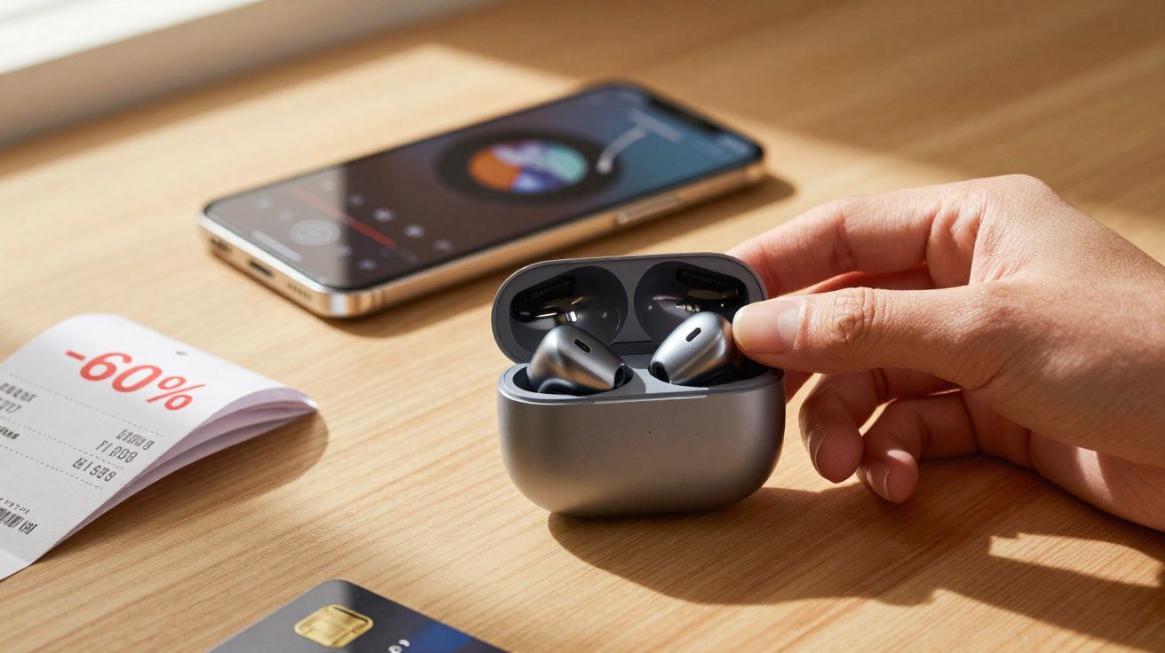 Mão pegando fone de ouvido sem fio cinza em uma mesa com celular tocando música, cartão e cupom de desconto.