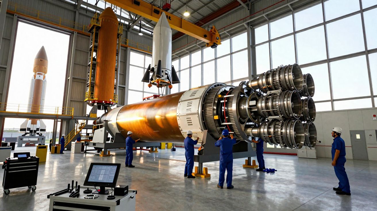 Técnicos trabalham em motor e tanque de foguete em grande hangar com janelas altas e outros foguetes.