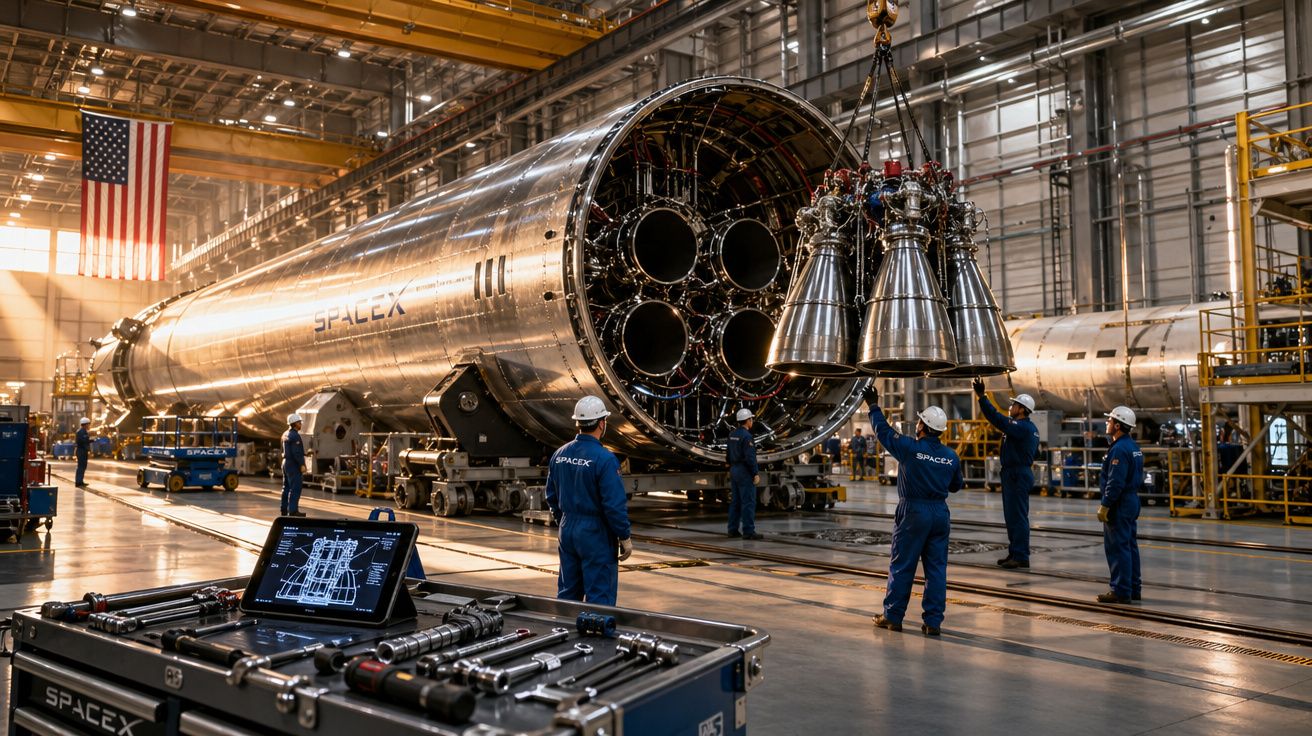 Técnicos da SpaceX instalam motores no foguete em hangar industrial com bandeira dos EUA ao fundo.