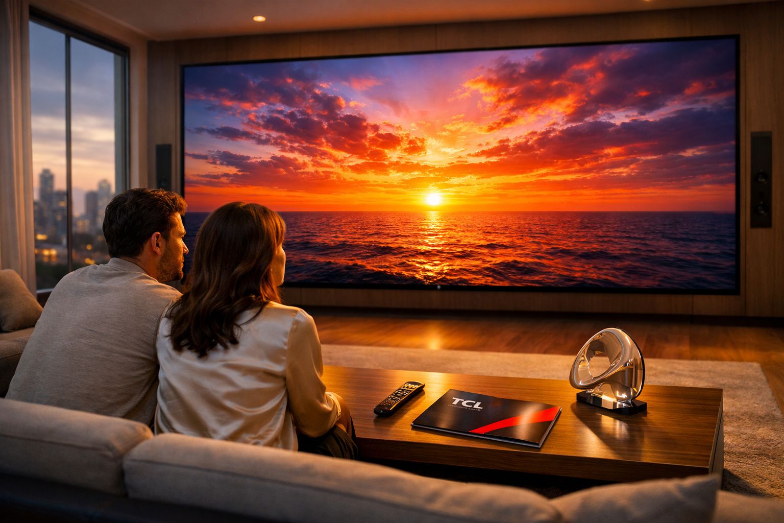 Casal sentado no sofá assistindo pôr do sol colorido na tela grande da sala moderna.