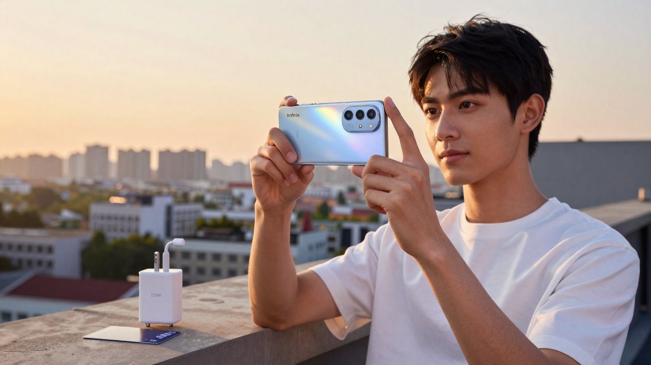 Jovem tirando foto com smartphone prateado ao pôr do sol em uma área urbana.