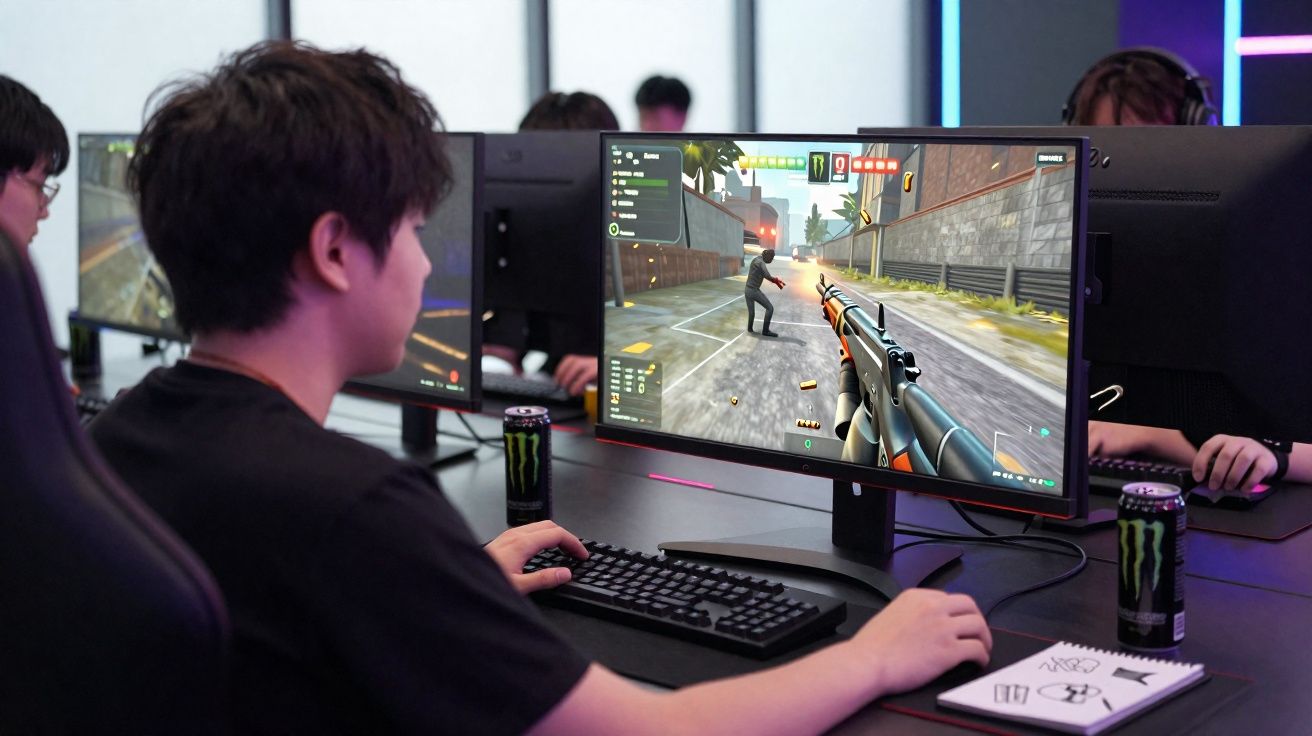 Pessoa jogando jogo de tiro em primeira pessoa em computador com energia Monster na mesa.