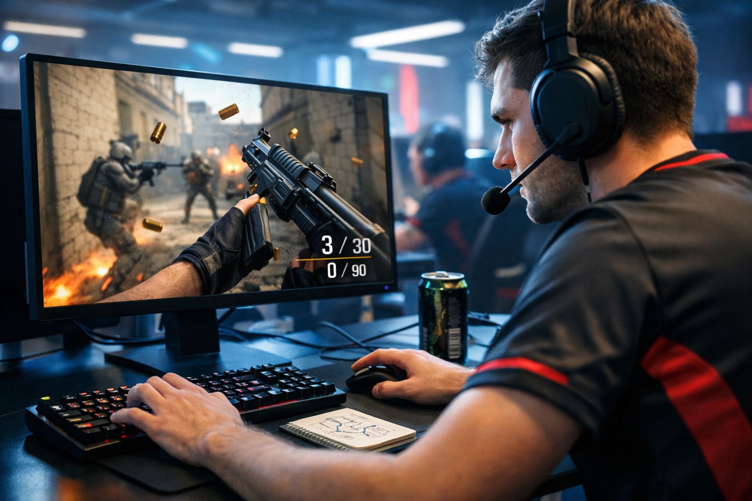 Homem com headset joga jogo de tiro em computador, com imagem da arma e ação na tela.