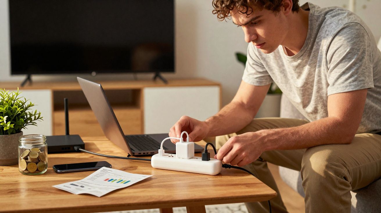 Jovem conecta aparelho em régua de energia em sala com mesa, laptop, jarra de moedas e documentos.