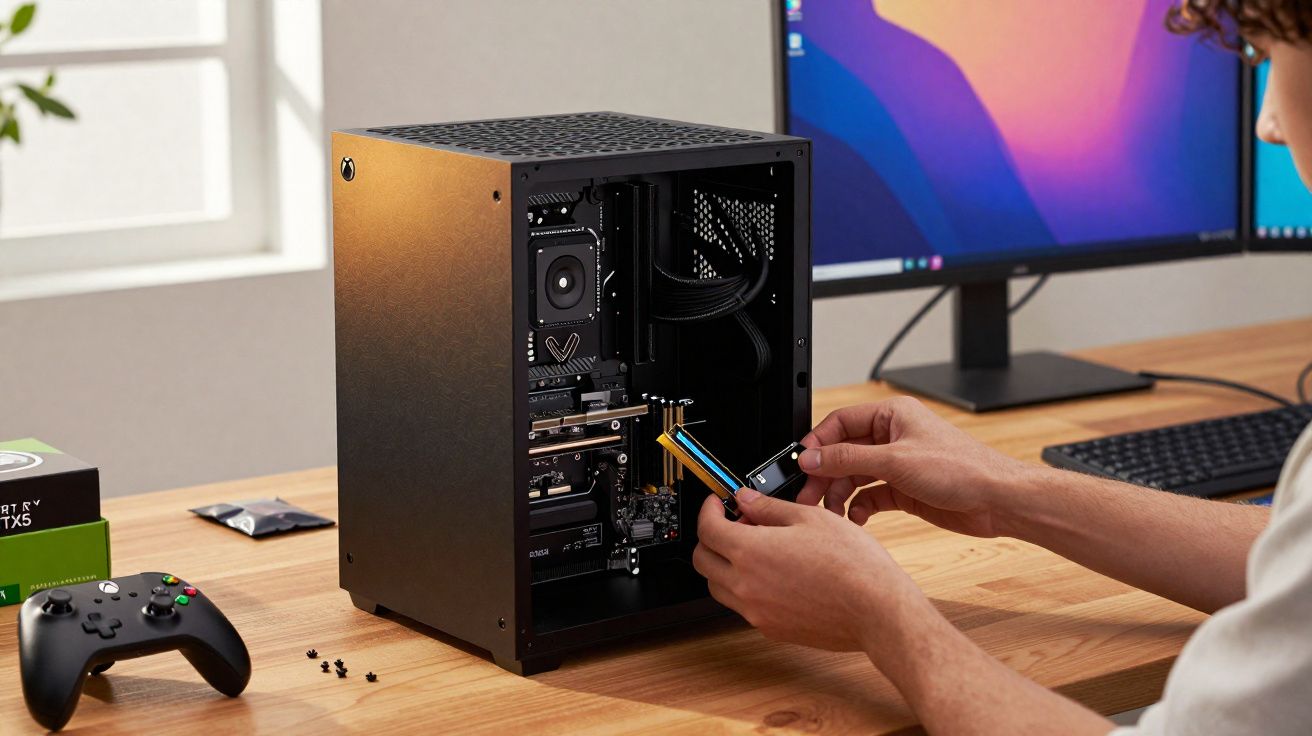 Pessoa instalando uma placa SSD em gabinete de computador aberto sobre mesa de madeira.
