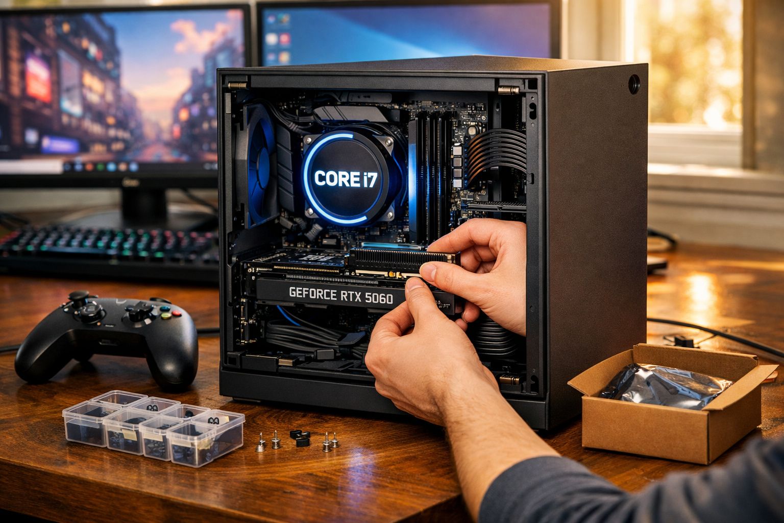 Pessoa instalando placa de vídeo GeForce RTX 5060 em gabinete de computador com processador Intel Core i7.