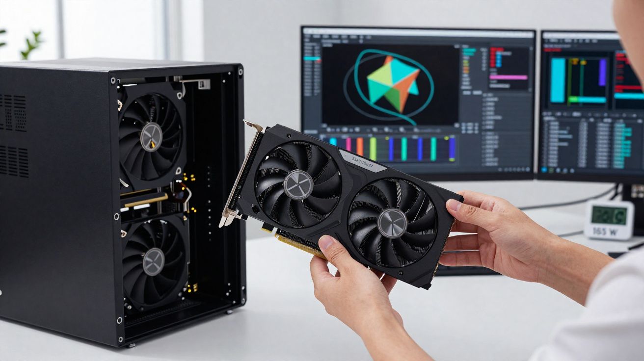 Pessoa segurando uma placa de vídeo para instalar em um gabinete de computador aberto com monitores ao fundo.