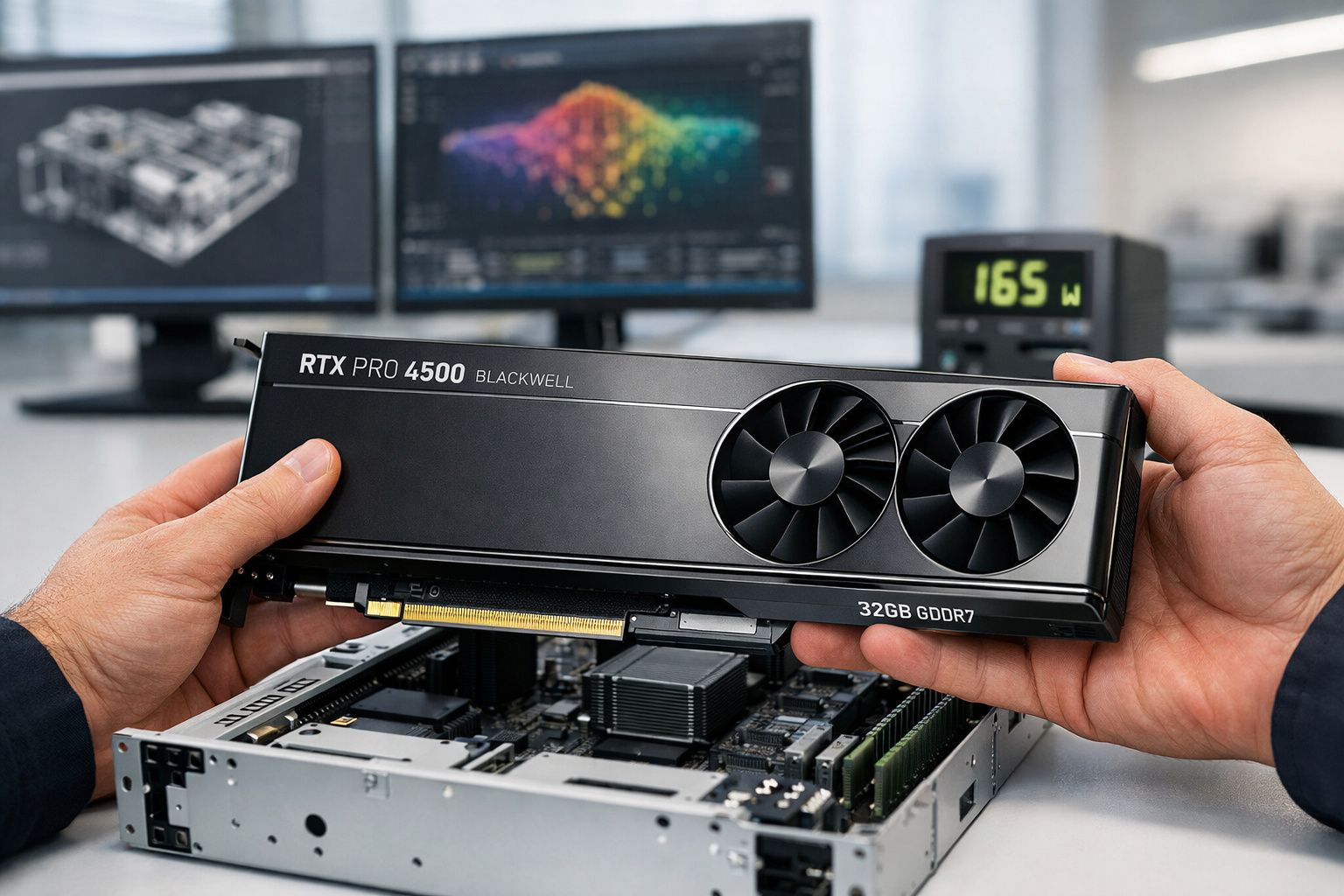 Placa de vídeo RTX Pro 4500 Blackwell com 32GB GDDR7 sendo instalada em computador aberto sobre mesa.