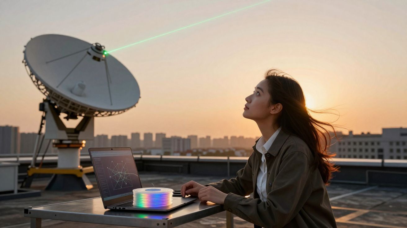 Mulher observa antena parabólica com laptop e equipamento tecnológico ao pôr do sol na cobertura de prédio.