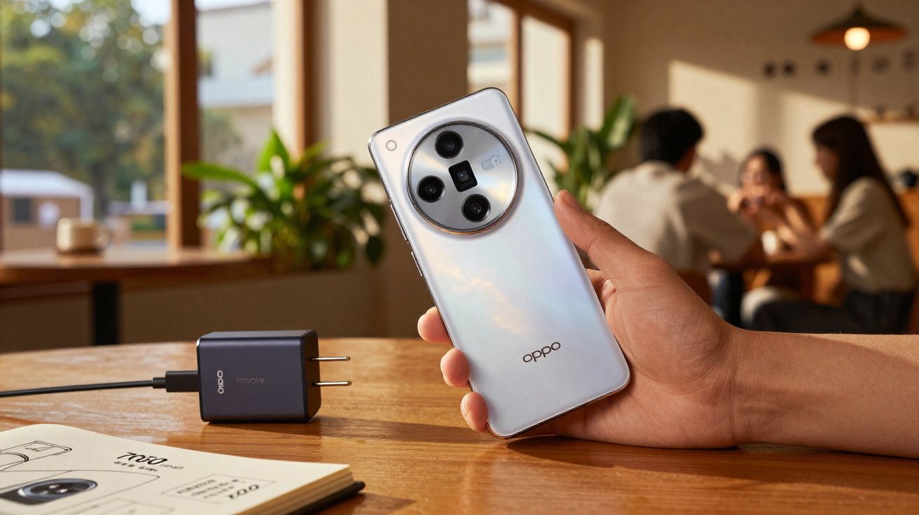 Pessoa segurando celular OPPO branco ao lado de carregador e manual, em mesa de madeira, em ambiente interno.