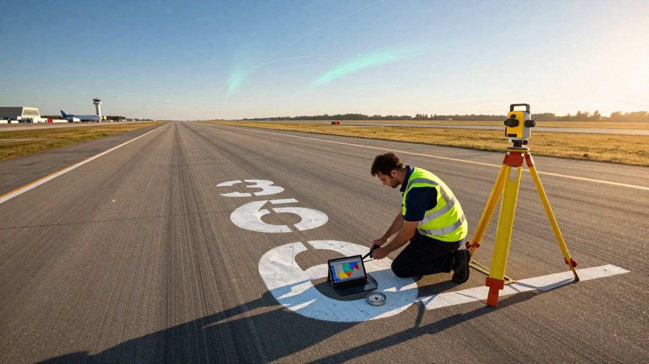 Homem com colete amarelo faz medição geográfica em pista de aeroporto ao amanhecer.