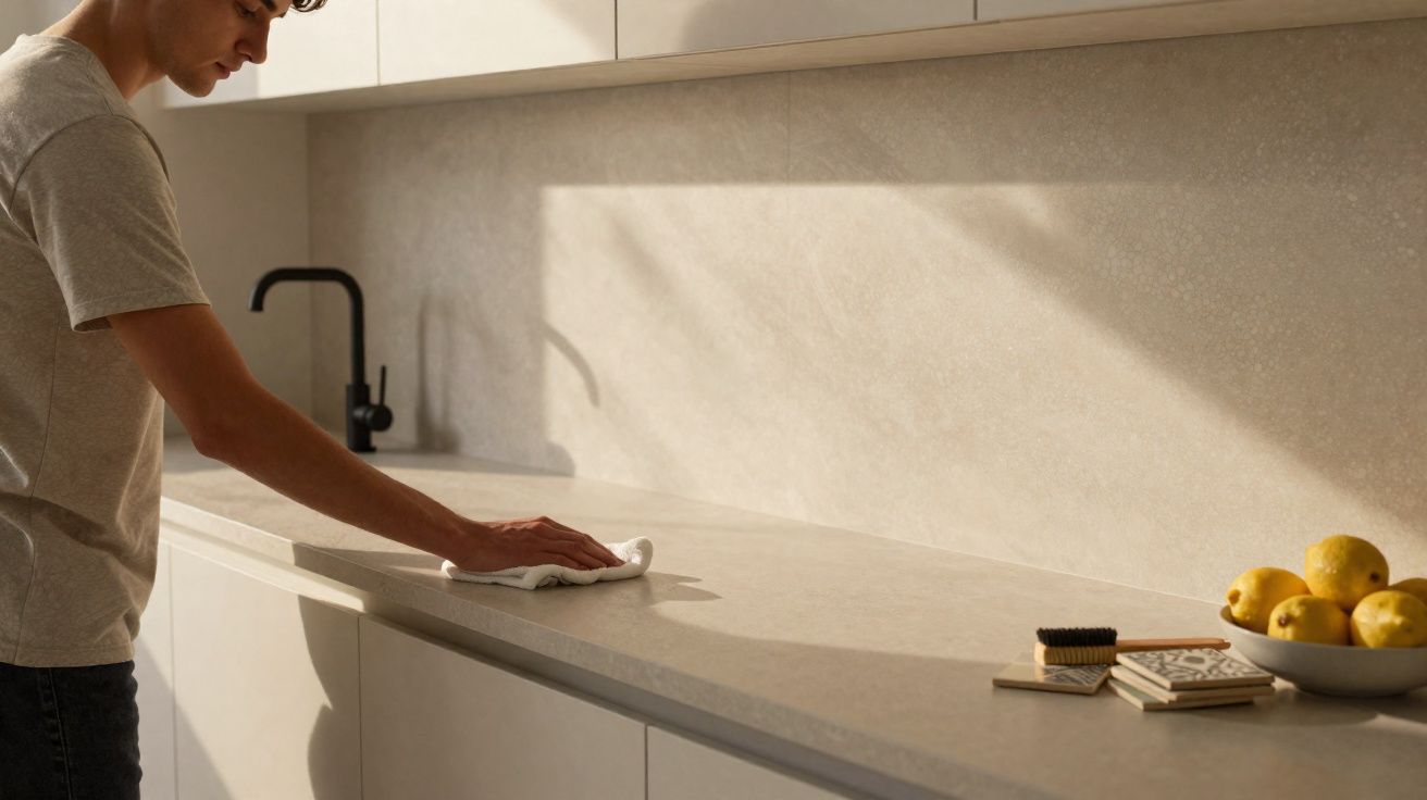 Pessoa limpando bancada de cozinha clara com pano, bowl com limões e sabonete ao lado.