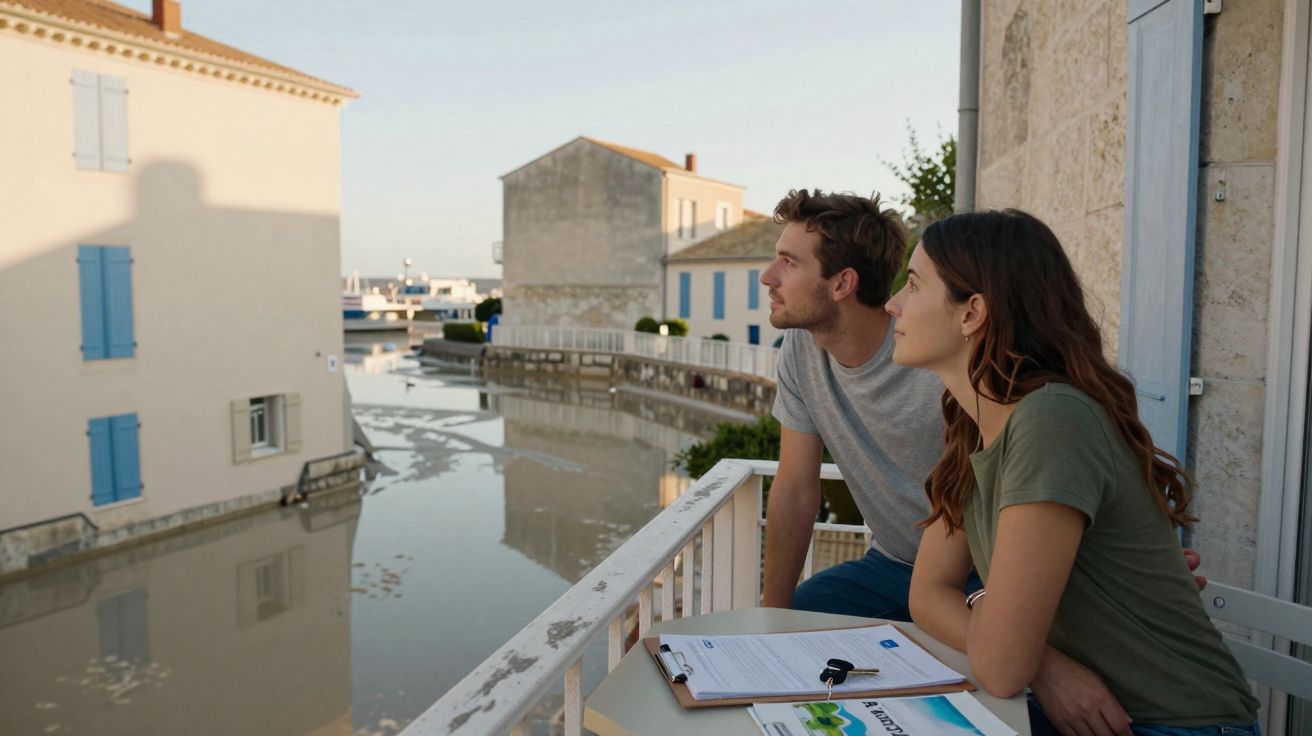 Casal jovem observando canal de água entre casas com janelas azuis em dia ensolarado.