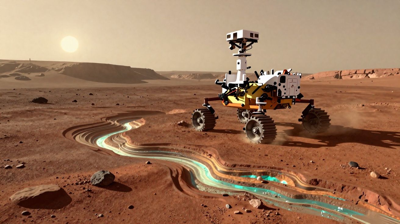 Rover explorando o solo de Marte próximo a um leito de rio congelado e luz do sol ao fundo.