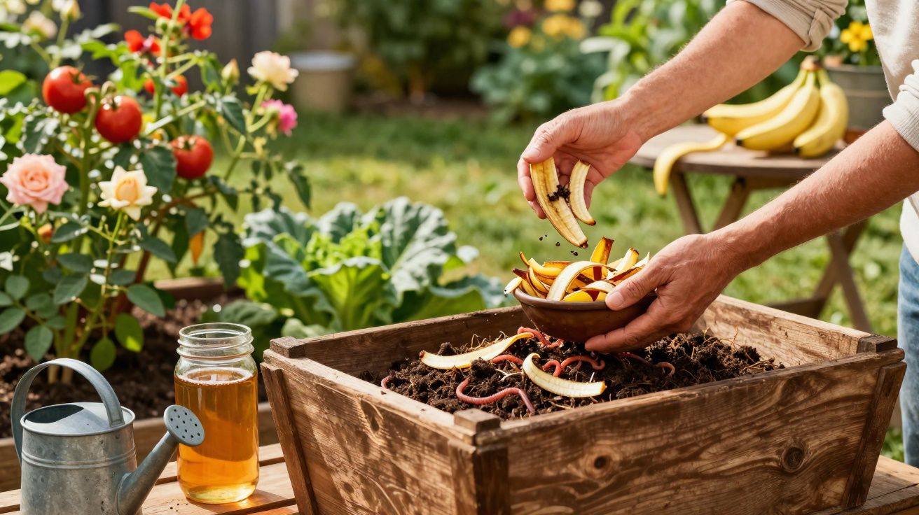 Pessoa colocando cascas de banana em caixa de compostagem com minhocas no jardim.