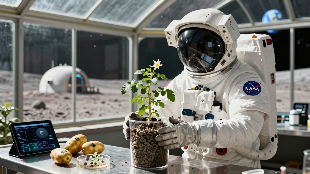 Astronauta na Estação Lunar com planta e batatas em ambiente controlado para cultivo espacial.