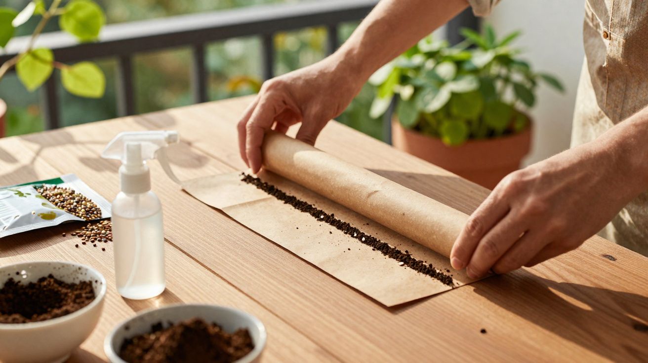 Mãos enrolando papel com sementes para plantio, em mesa de madeira com terra e borrifador ao lado.