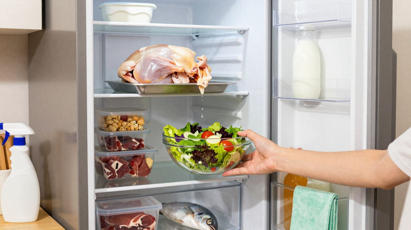 Mão colocando salada em tigela dentro da geladeira aberta com frango, carne, peixe e leite.