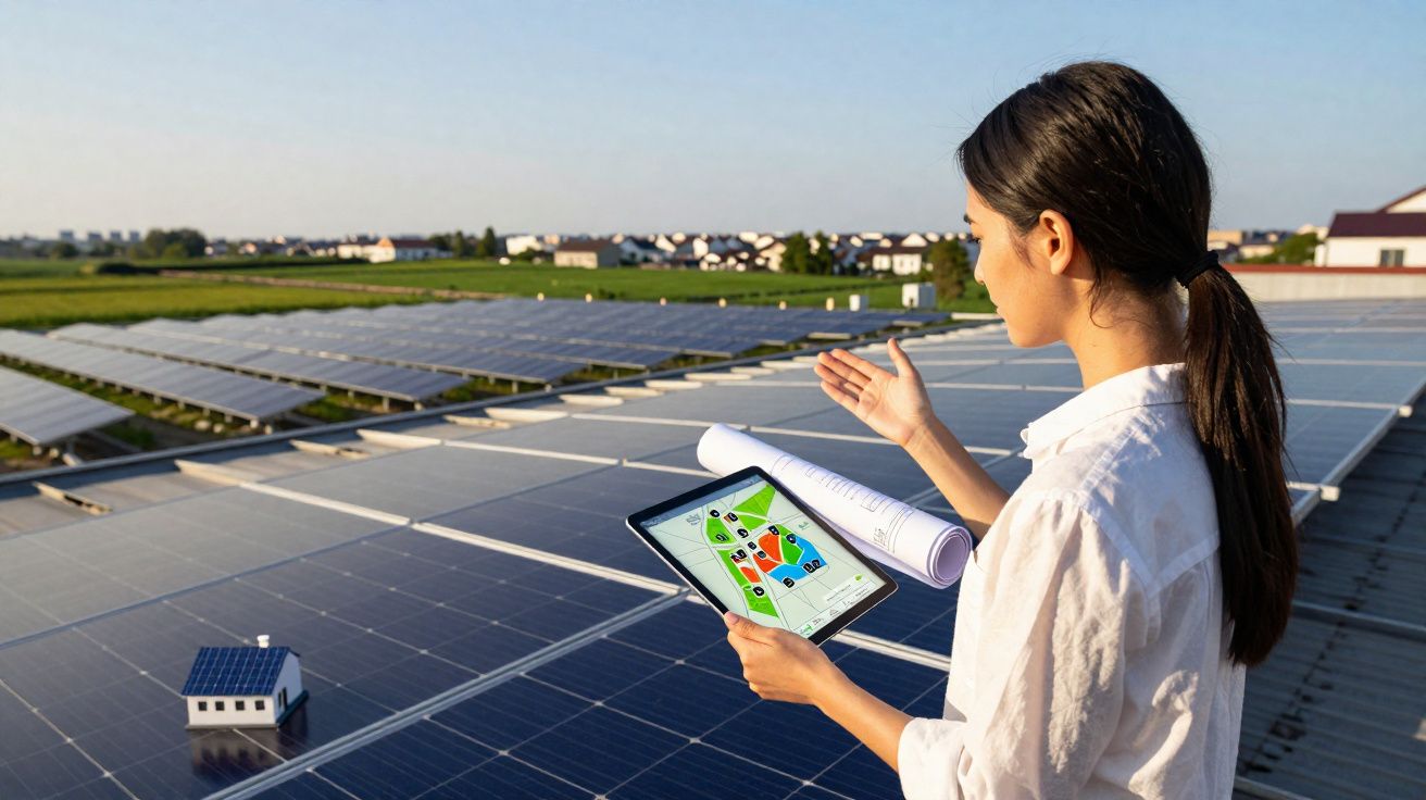 Mulher analisando painéis solares em campo com tablet e planta arquitetônica ao pôr do sol.