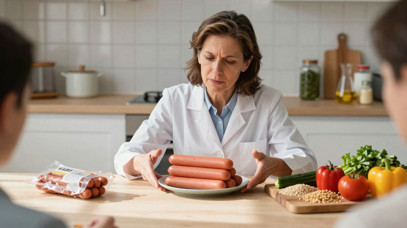 Mulher de jaleco branco inspecionando salsichas em prato, com legumes e pessoas à mesa.