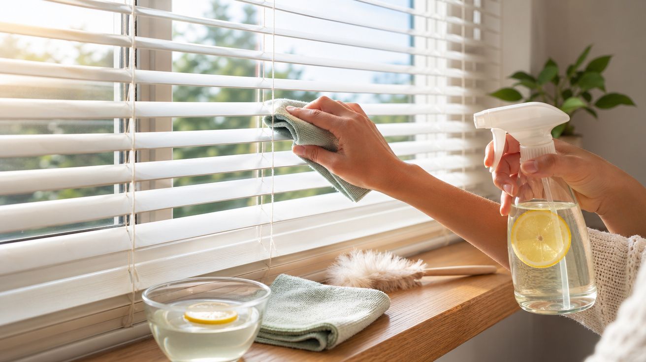 Pessoa limpando persianas brancas com pano e borrifador com água e fatia de limão.