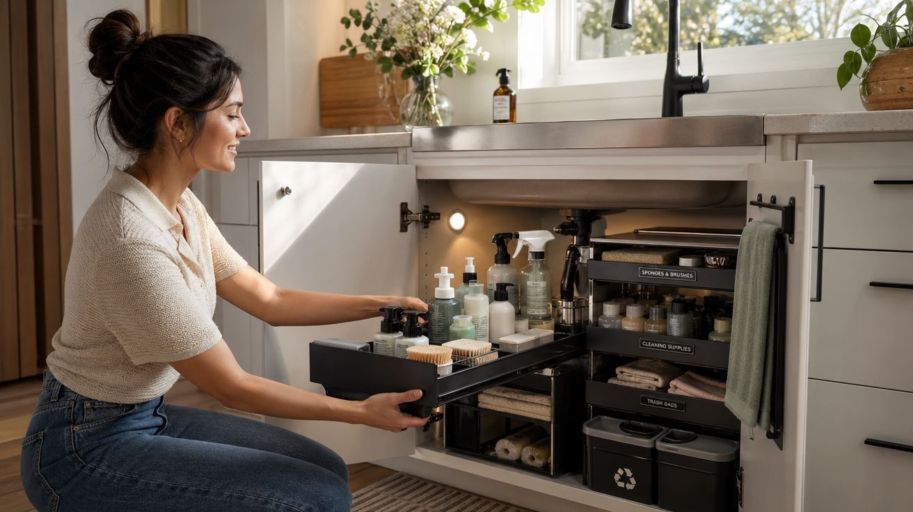 Mulher organiza produtos de limpeza em armário de cozinha com prateleiras deslizantes e iluminação interna.