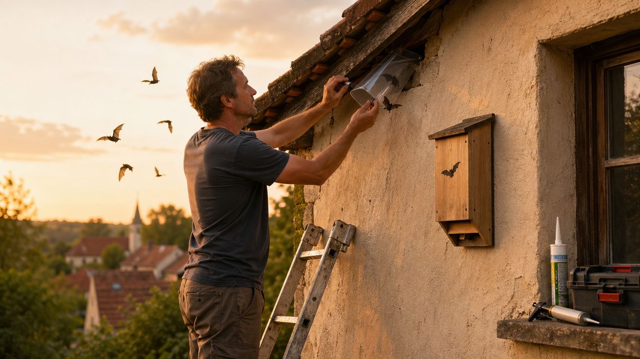 Homem instalando abrigo para morcegos na parede externa de uma casa ao pôr do sol.