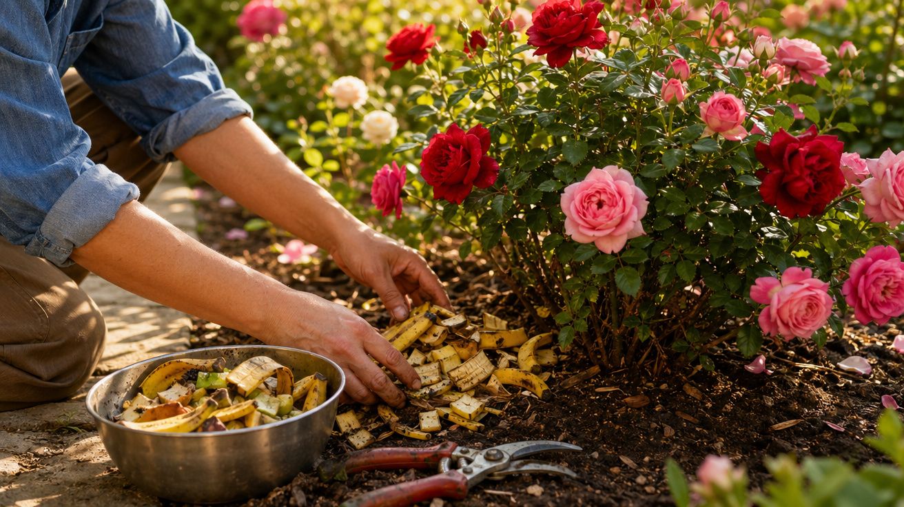 Pessoa aplicando compostagem com restos orgânicos ao redor de rosas vermelhas e rosas em um jardim.