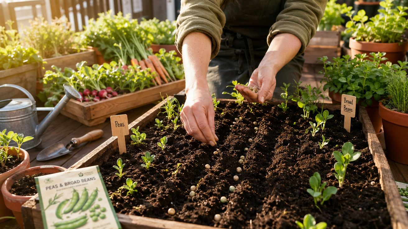 Pessoa plantando sementes em canteiro de jardim com vegetais e ferramentas ao redor.