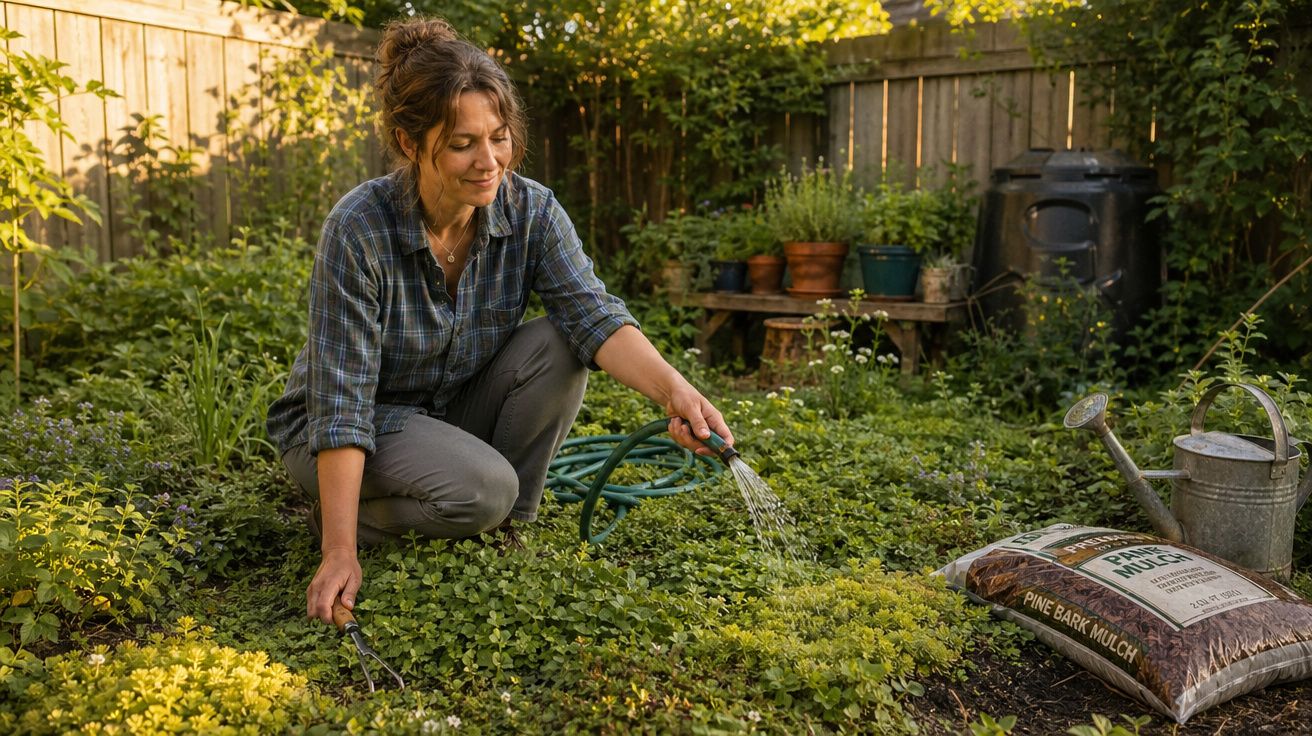 Mulher regando plantas em jardim caseiro em ambiente ensolarado e tranquilo.