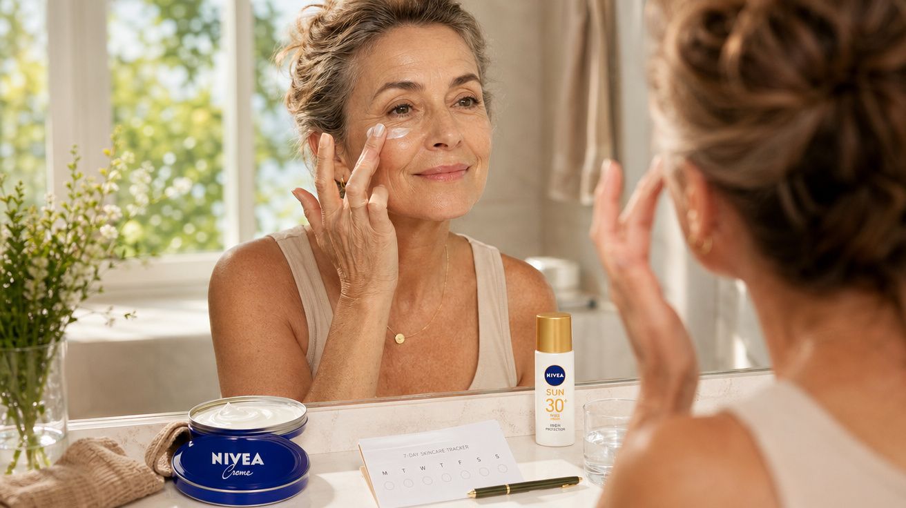 Mulher madura aplicando creme no rosto em frente ao espelho com produtos Nivea na bancada.