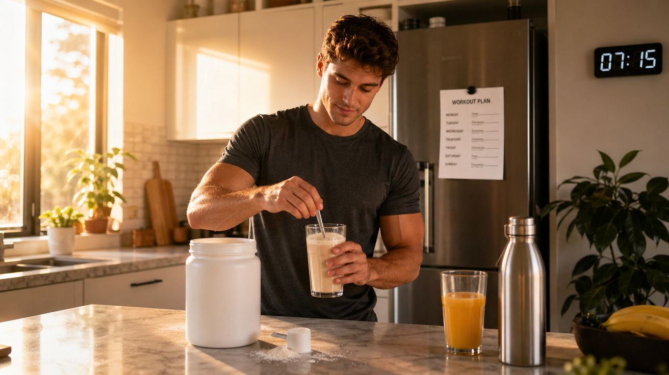 Homem preparando suplemento proteico na cozinha durante o amanhecer às 7h15.