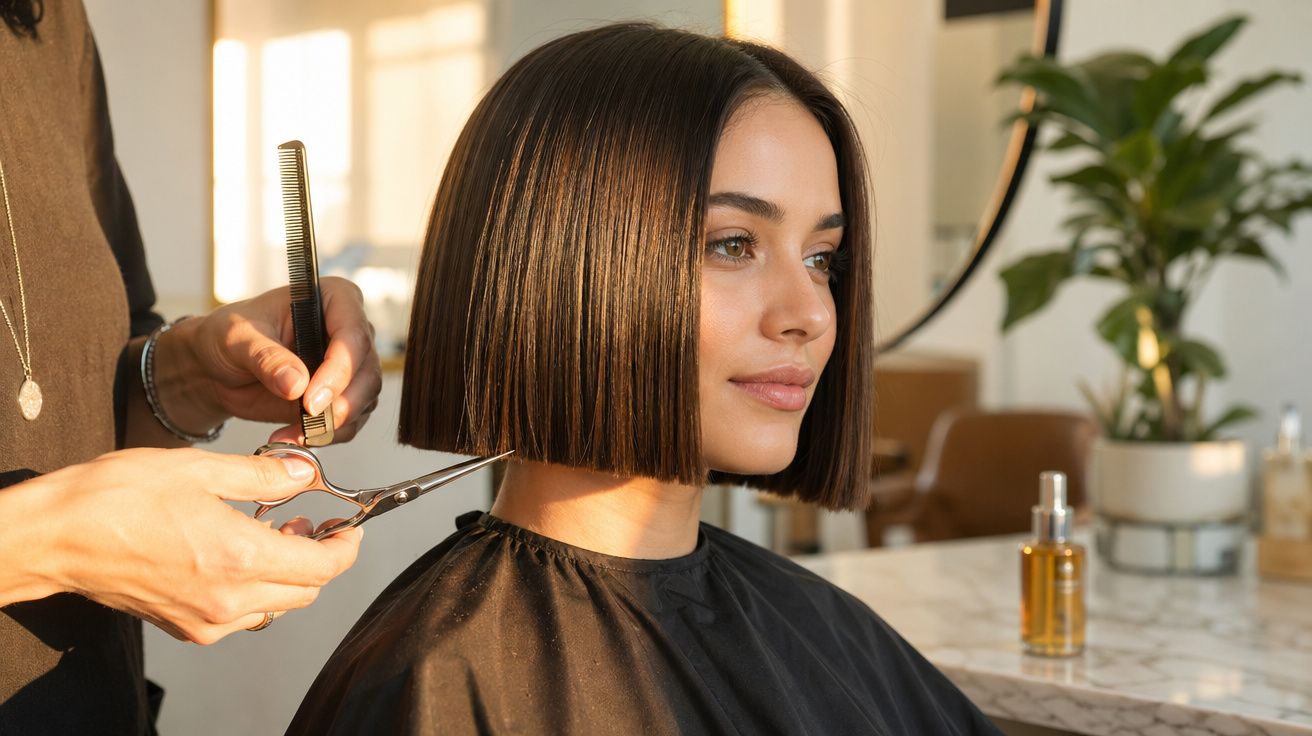 Mulher sorrindo enquanto corta cabelo em salão com luz natural e plantas ao fundo.