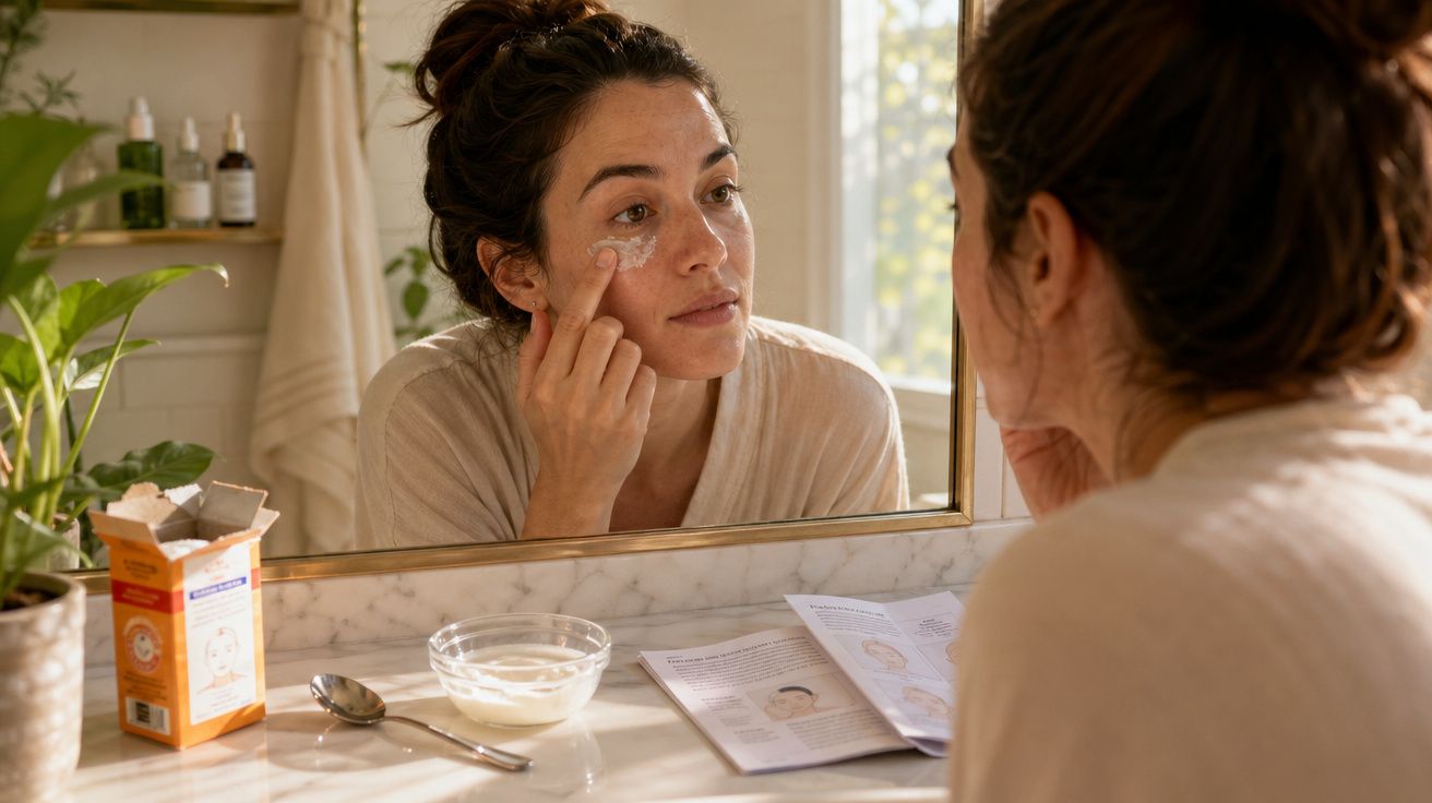 Mulher aplicando creme facial enquanto se olha no espelho em banheiro iluminado.