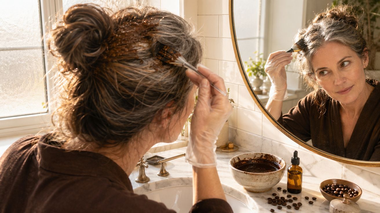 Mulher aplicando tintura de cabelo em frente ao espelho do banheiro, usando luvas plásticas.